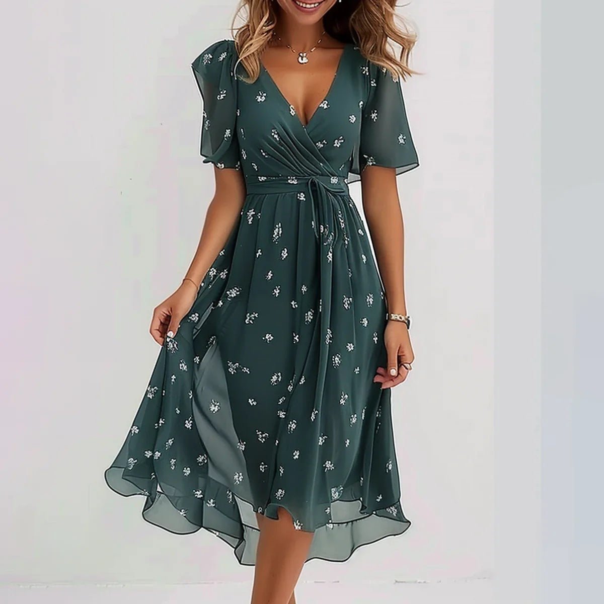 Arianna - Lichtgewicht Korte Mouwen Jurk met Elegante Print