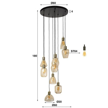 Mandy 9-lichts Hanglamp getrapt Amberkleurig glas
