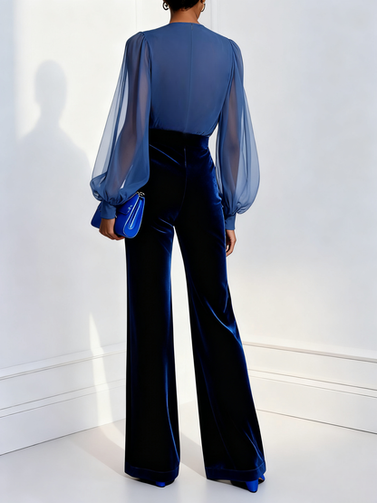 Blauwe mesh V-hals lange mouwen fluwelen jumpsuit