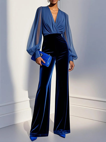 Blauwe mesh V-hals lange mouwen fluwelen jumpsuit