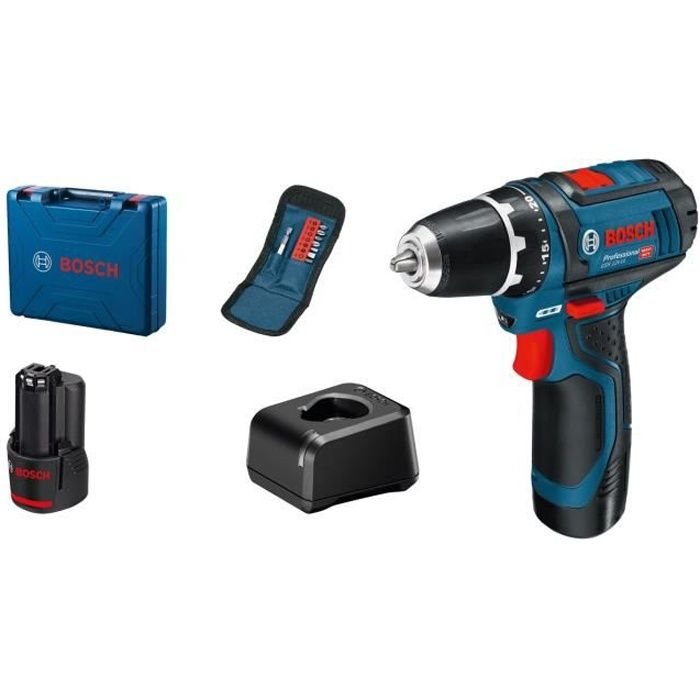 Perceuse-visseuse Bosch Professional GSR 12V-15 – 2 batteries 2 Ah et 10 accessoires – photo 1