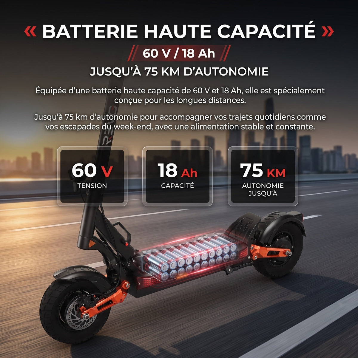 El-løbehjul REVO Titan X2 – to motorer à 1.000 W – rækkevidde op til 75 km – 60 V 18 Ah batteri – 10 tommer terrændæk