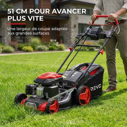 Tondeuse à Gazon Thermique Autotractée REVO Terrain 51 – 196 cm³, 51 cm, Démarrage Électrique, Hauteur de Coupe 25–75 mm, Bac 60 L, Jusqu’à 1 500 m²