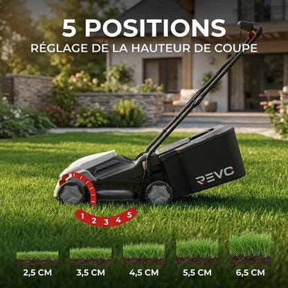 Tondeuse à Gazon sans Fil REVO Garden 300 – 20 V – 33 cm – Batterie 5,0 Ah – 5 Hauteurs de Coupe – Bac 35 L – Jusqu’à 300 m²