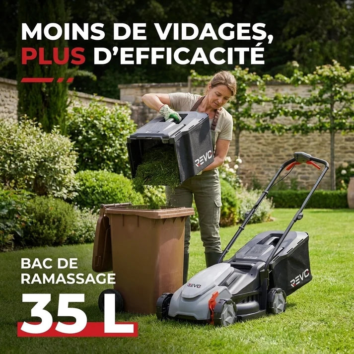 Tondeuse à Gazon sans Fil REVO Garden 300 – 20 V – 33 cm – Batterie 5,0 Ah – 5 Hauteurs de Coupe – Bac 35 L – Jusqu’à 300 m²