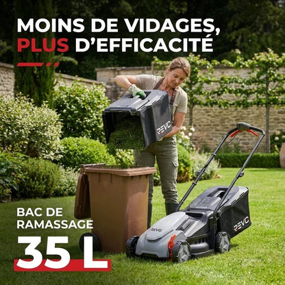 Tondeuse à Gazon sans Fil REVO Garden 300 – 20 V – 33 cm – Batterie 5,0 Ah – 5 Hauteurs de Coupe – Bac 35 L – Jusqu’à 300 m²