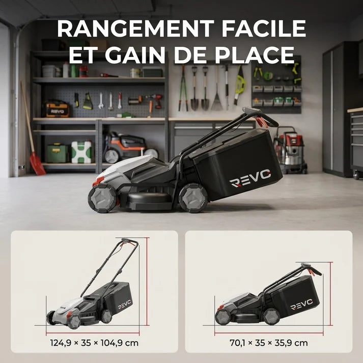 Tondeuse à Gazon sans Fil REVO Garden 300 – 20 V – 33 cm – Batterie 5,0 Ah – 5 Hauteurs de Coupe – Bac 35 L – Jusqu’à 300 m²