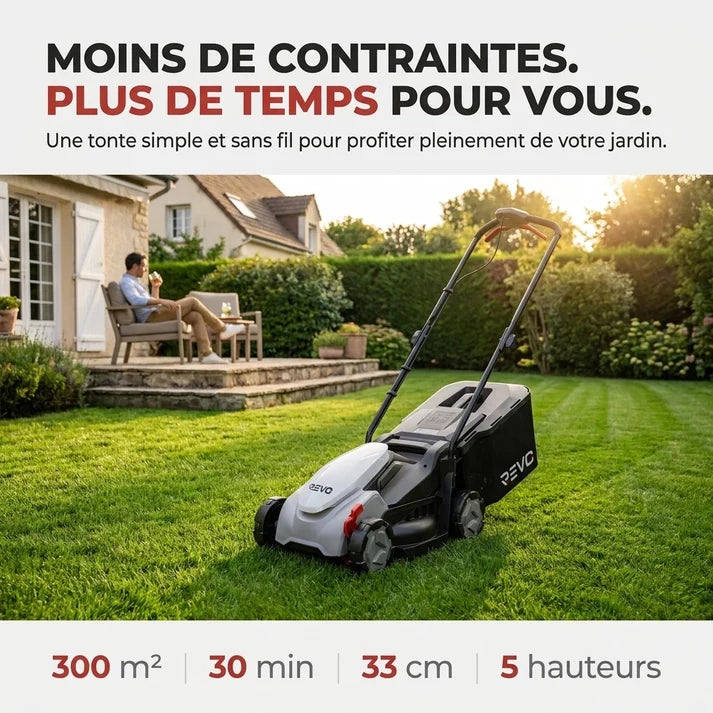 Tondeuse à Gazon sans Fil REVO Garden 300 – 20 V – 33 cm – Batterie 5,0 Ah – 5 Hauteurs de Coupe – Bac 35 L – Jusqu’à 300 m²