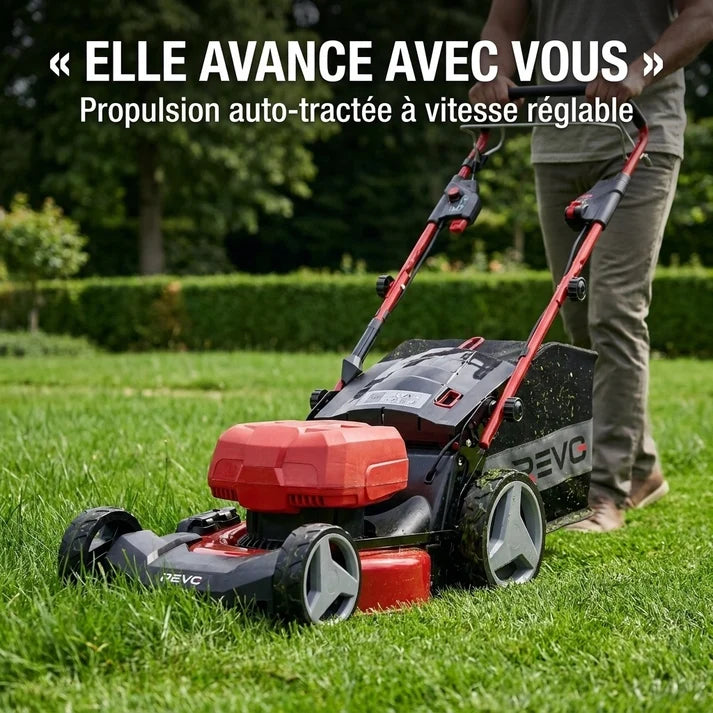 Tondeuse à Gazon sans Fil Auto-tractée REVO Force 700 – 36 V – Coupe 47 cm – 4 Batteries 4,0 Ah – Bac 75 L – Jusqu’à 700 m²
