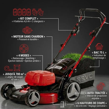 Tondeuse à Gazon sans Fil Auto-tractée REVO Force 700 – 36 V – Coupe 47 cm – 4 Batteries 4,0 Ah – Bac 75 L – Jusqu’à 700 m²