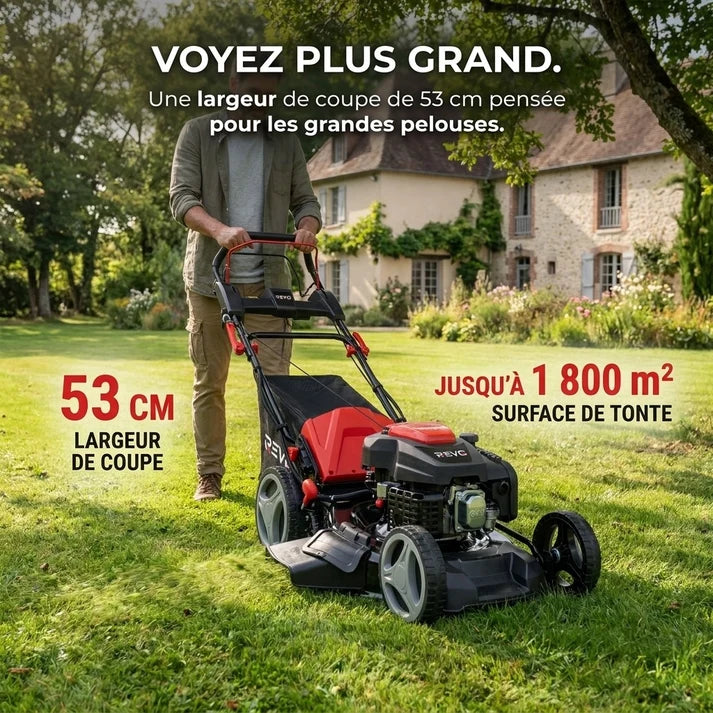 Tondeuse à Gazon Thermique Autotractée REVO Dominus 53 – 224 cm³ / 6 CV – Coupe 53 cm – Démarrage Électrique 20 V – Bac 65 L – Jusqu’à 1 800 m²