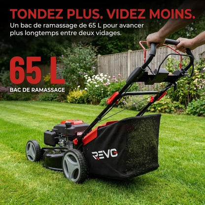 Tondeuse à Gazon Thermique Autotractée REVO Dominus 53 – 224 cm³ / 6 CV – Coupe 53 cm – Démarrage Électrique 20 V – Bac 65 L – Jusqu’à 1 800 m²