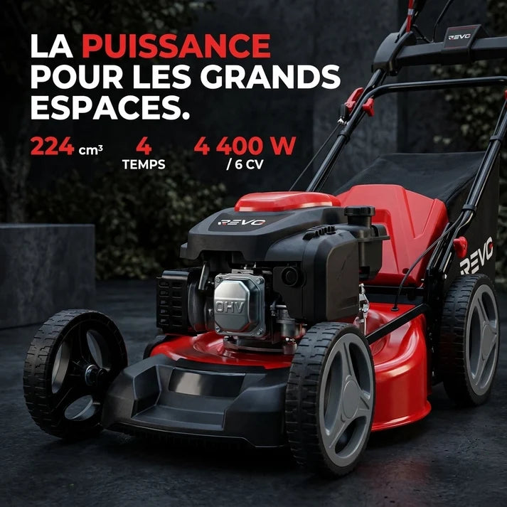 Tondeuse à Gazon Thermique Autotractée REVO Dominus 53 – 224 cm³ / 6 CV – Coupe 53 cm – Démarrage Électrique 20 V – Bac 65 L – Jusqu’à 1 800 m²