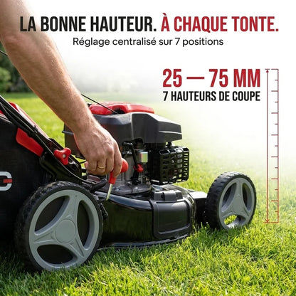 Tondeuse à Gazon Thermique Autotractée REVO Dominus 53 – 224 cm³ / 6 CV – Coupe 53 cm – Démarrage Électrique 20 V – Bac 65 L – Jusqu’à 1 800 m²