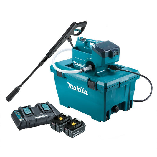 Makita DHW080PT2 højtryksrenser med vandtank, 2 × 5,0 Ah batterier og dobbeltoplader