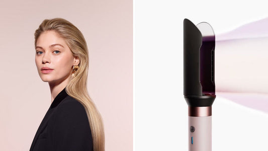 The Dyson Airwrap Co-anda2x multi-styler and dryer with the AirSmooth2x attachment next to a blonde model.