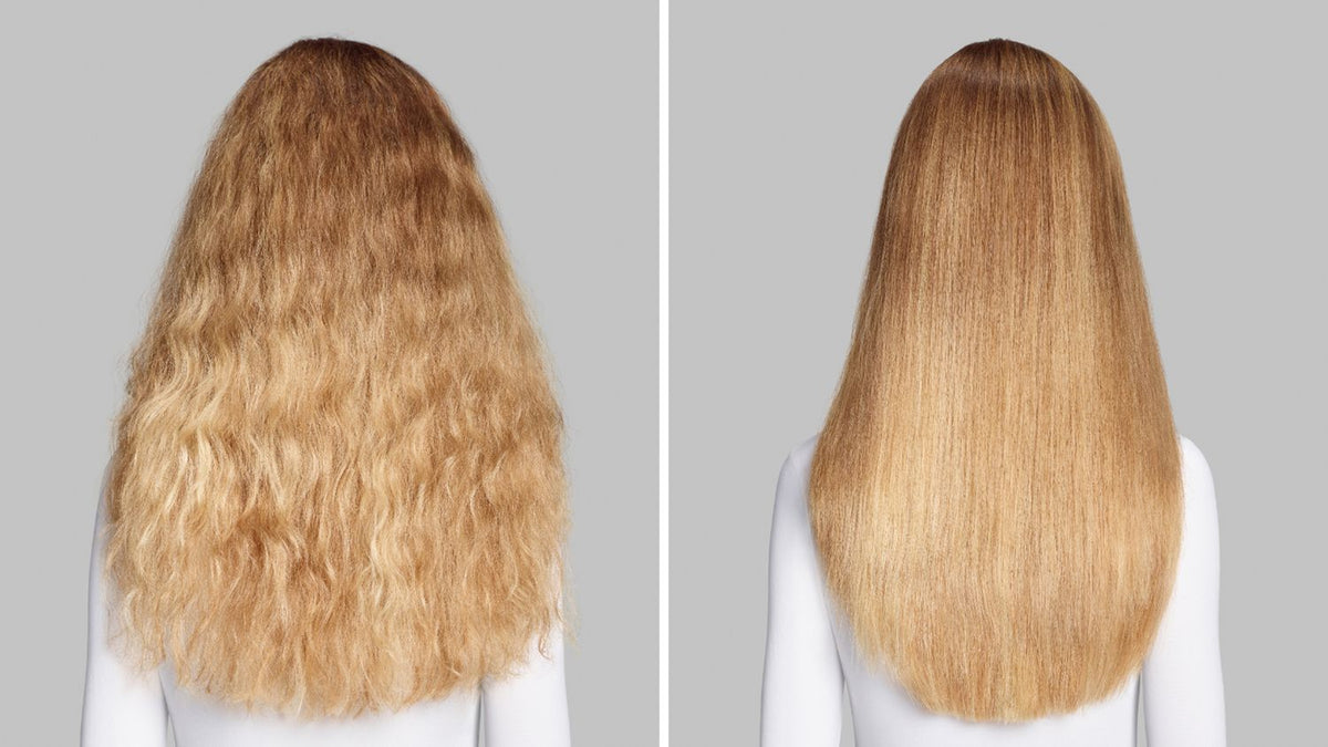 Before and after of a model with wavy hair, styled with the Dyson Airwrap Co-anda2x multi-styler and dryer.