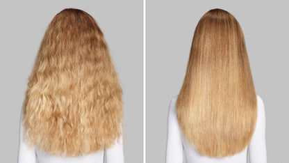 Before and after of a model with wavy hair, styled with the Dyson Airwrap Co-anda2x multi-styler and dryer.