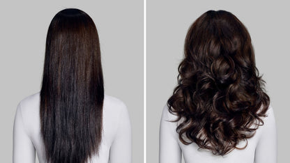 Before and after of a model with straight hair, styled with the Dyson Airwrap Co-anda2x multi-styler and dryer.