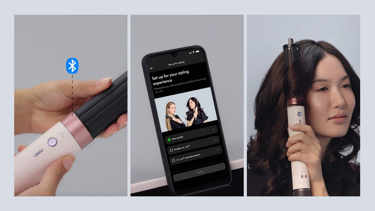 A Dyson Airwrap Co-anda2x multi-styler and dryer is connected to a phone using the MyDyson app and Bluetooth connectivity.