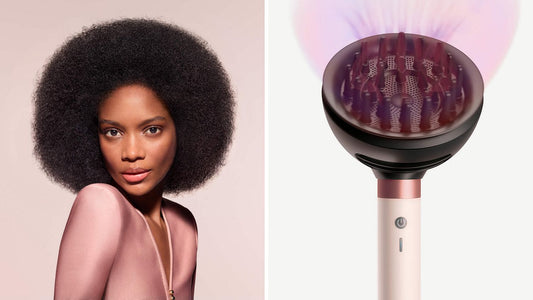 The Dyson Airwrap Co-anda2x multi-styler and dryer with the Wave+Curl diffuser 2x next to a model with dark coily hair.