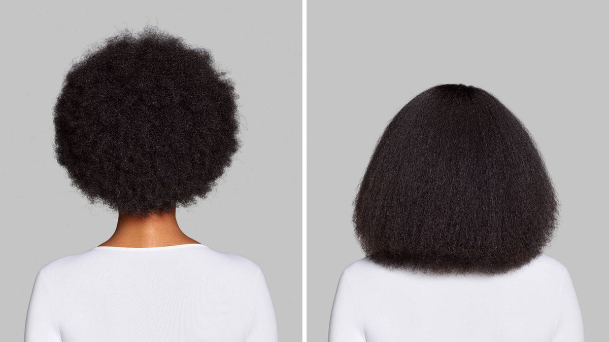  Before and after of naturally coily hair styled with the Dyson Airwrap Co-anda2x multi-styler.