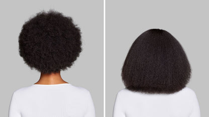  Before and after of naturally coily hair styled with the Dyson Airwrap Co-anda2x multi-styler.