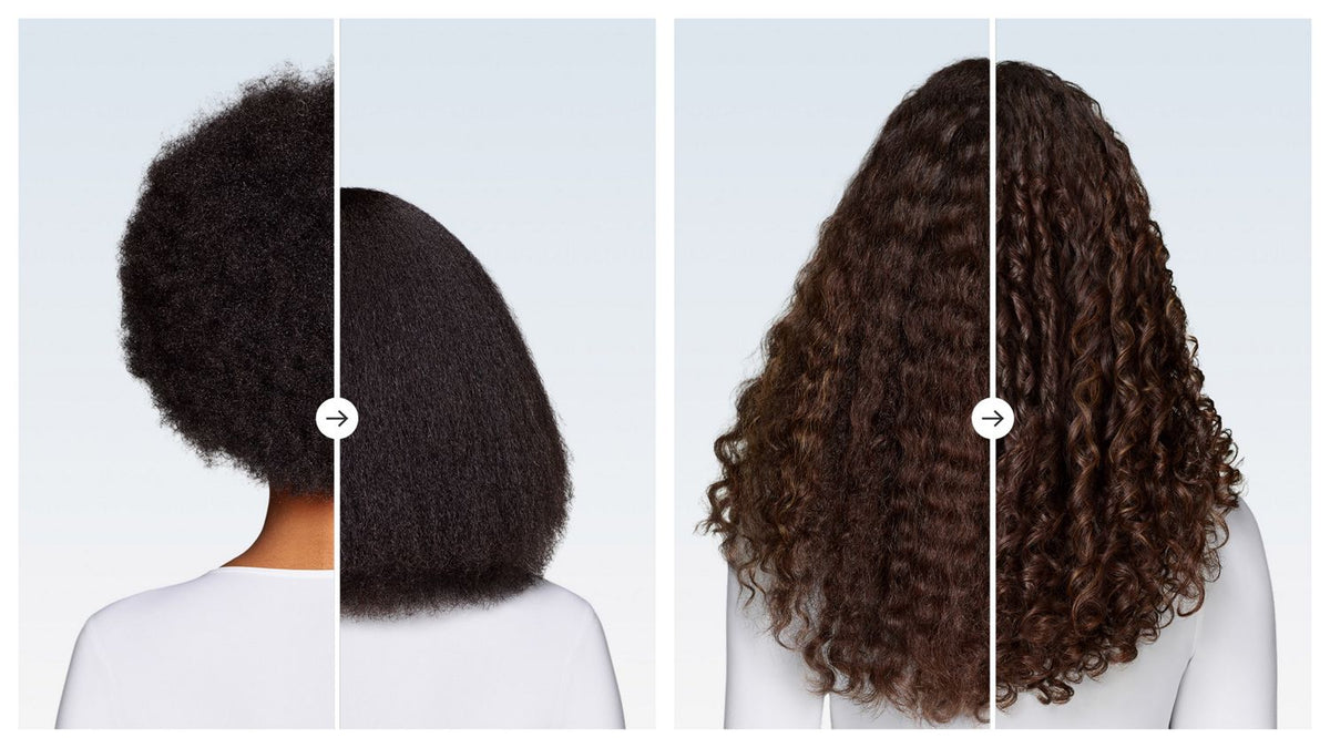 Before and after views of hair being styled with the Dyson Airwrap Co-anda2x multi-styler and dryer.