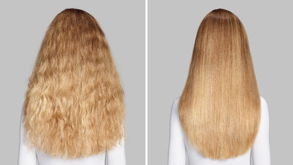 Before and after of naturally wavy blonde hair straightened and smoothed with the Dyson Airwrap Co-anda2x multi-styler.