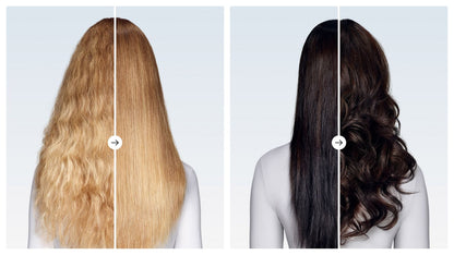 Before and after views of hair being styled with the Dyson Airwrap Co-anda2x multi-styler and dryer.