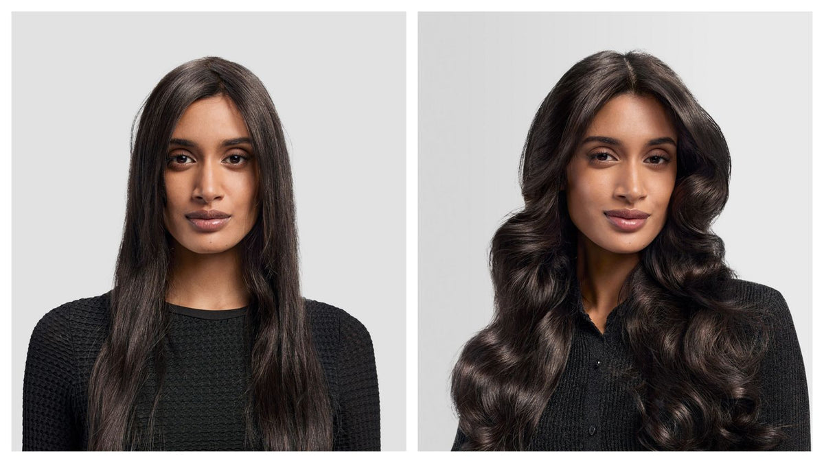 Before and after of a model with their hair styled using the Dyson Airwrap i.d. multi-styler and dryer.