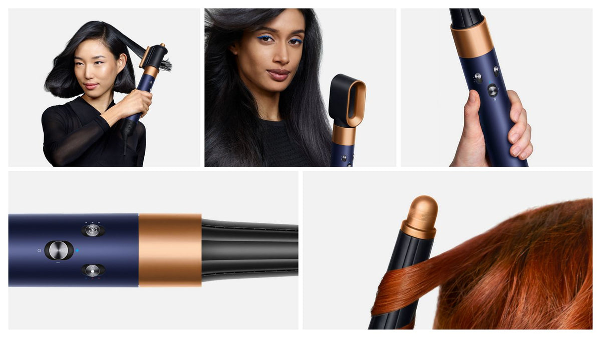 Collage of close-up details of the Airwrap i.d. multi styler and dryer, its attachments, and a model using the device.
