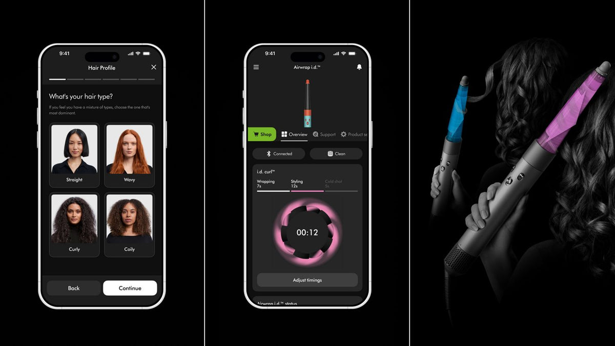 Set of three split images. First is a smartphone, showing the My Dyson app and hair profile. Second has three app screens showing the My Dyson app. Third shows airflow around the barrel as a woman curls her hair. 