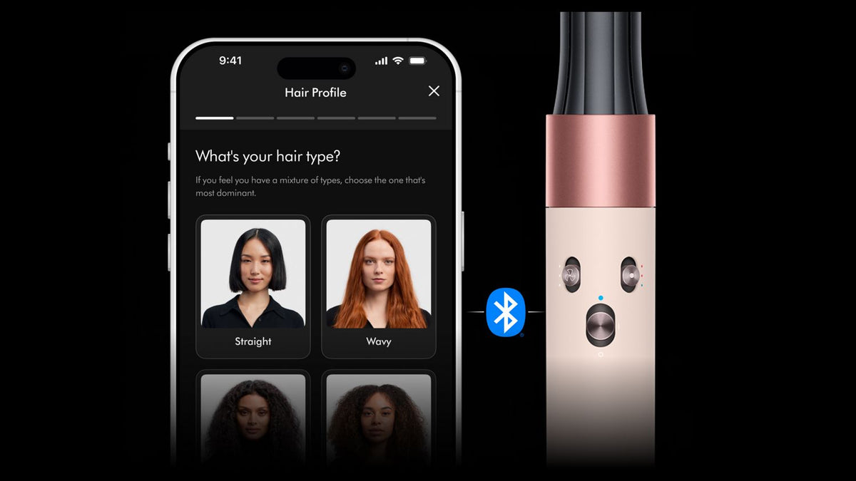 Set of two split images. First is a smartphone, showing the My Dyson app and hair profile. Second has three app screens showing the My Dyson app. Third shows airflow around the barrel as a woman curls her hair. 