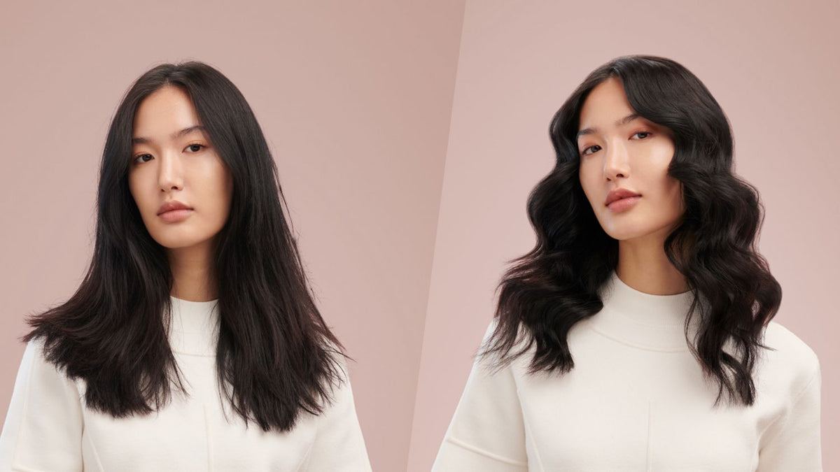 Before and after of a model with hair styled into mermaid waves.