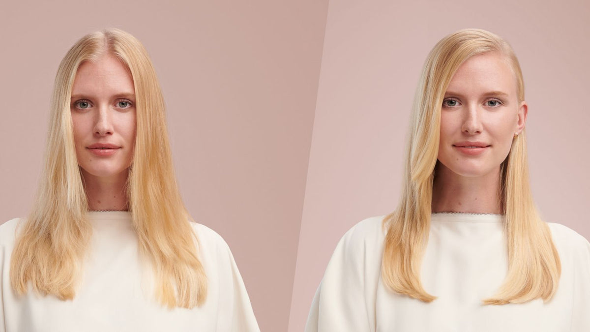 Before and after of a model with hair styled into a sleek side part.