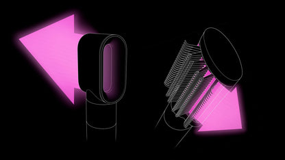 Pink graphics show the airflow through the Fast dryer attachment and Anti-snag loop brush.
