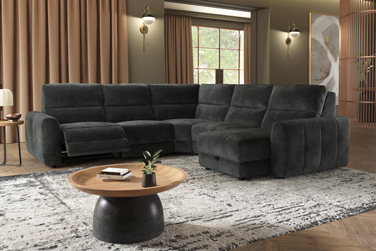 Portofino – 3 Corner 3 Chs Pow Recliner, Hdrst, Motion Chaise, Storage – Grey