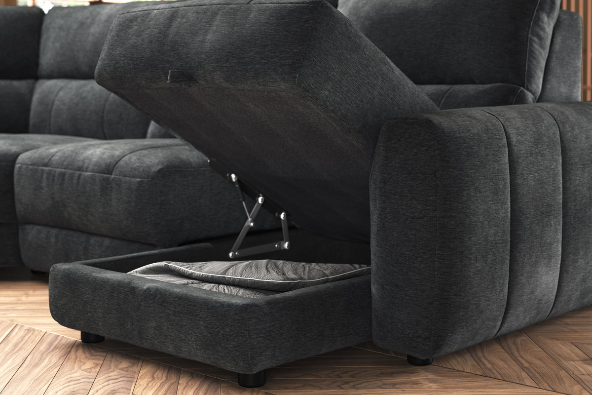 Portofino – 3 Corner 3 Chs Pow Recliner, Hdrst, Motion Chaise, Storage – Grey