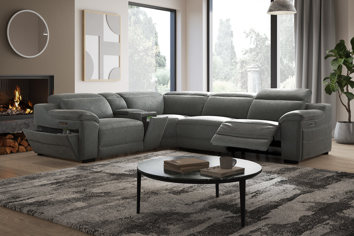 Portland – 1.5 Corner 3 Power Recliner Sofa with Headrest and Console – Grey