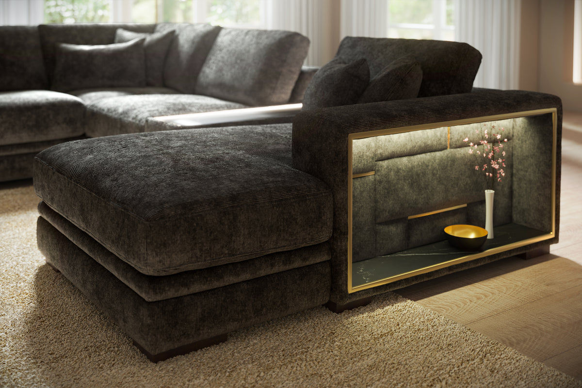 Obsidian – 3 Corner 3 Chaise with Console & Feature Arms – Grey