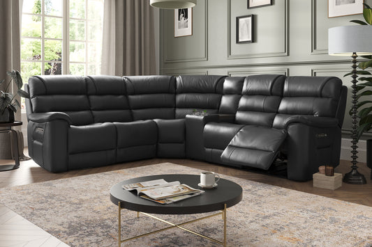 Cleveland – 2 Corner 2 Pow Rec Sofa, Hdrst, Lumbar, Htd Seat & Console – Black