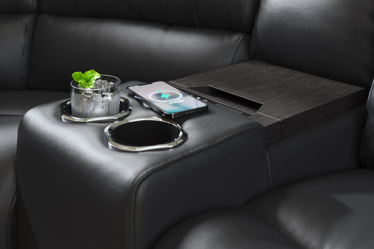 Cleveland – 2 Corner 2 Pow Rec Sofa, Hdrst, Lumbar, Htd Seat & Console – Black