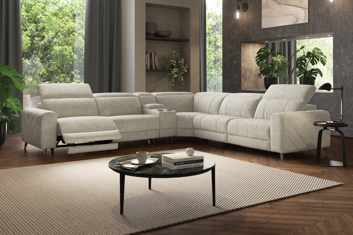 Allure – 3 Corner 3 Sofa, Smart Console, Power Recliner & Headrest – Beige