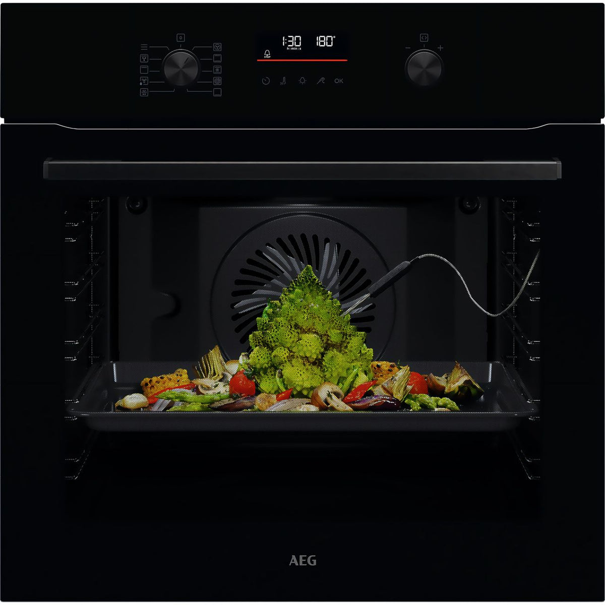 AEG SenseCook Aqua Built In Electric Single Oven - Black - Front shot