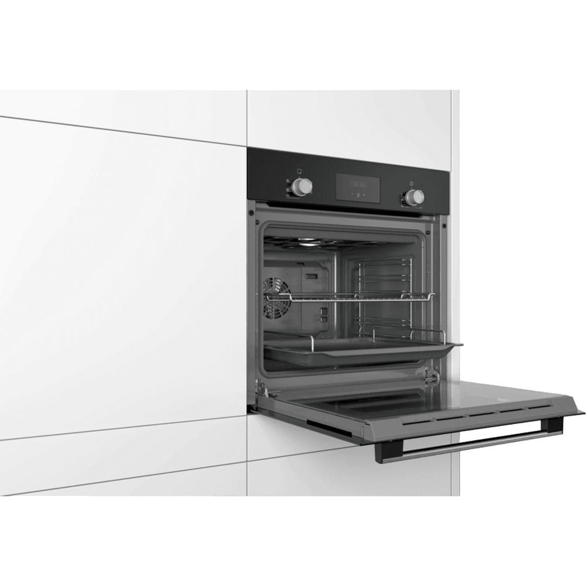 Bosch Serie 2 Electric Single Oven - Black - Oven in modern kitchen with door open