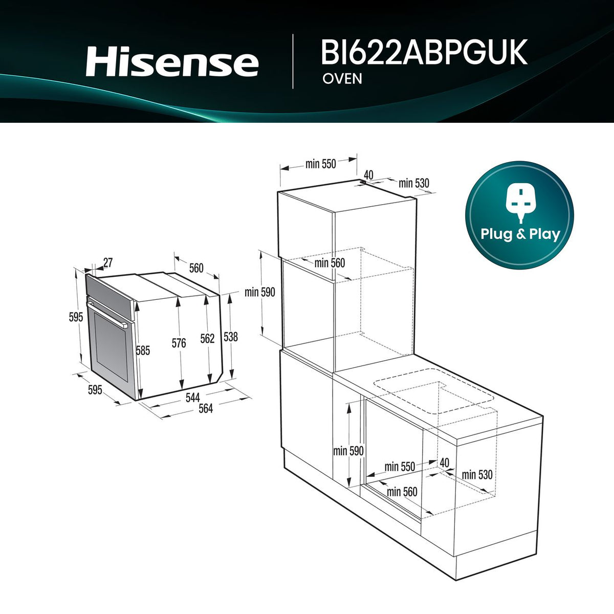 Hisense Hi2 BI622ABPGUK Built In Electric Single Oven - Jet Black - Dimensions