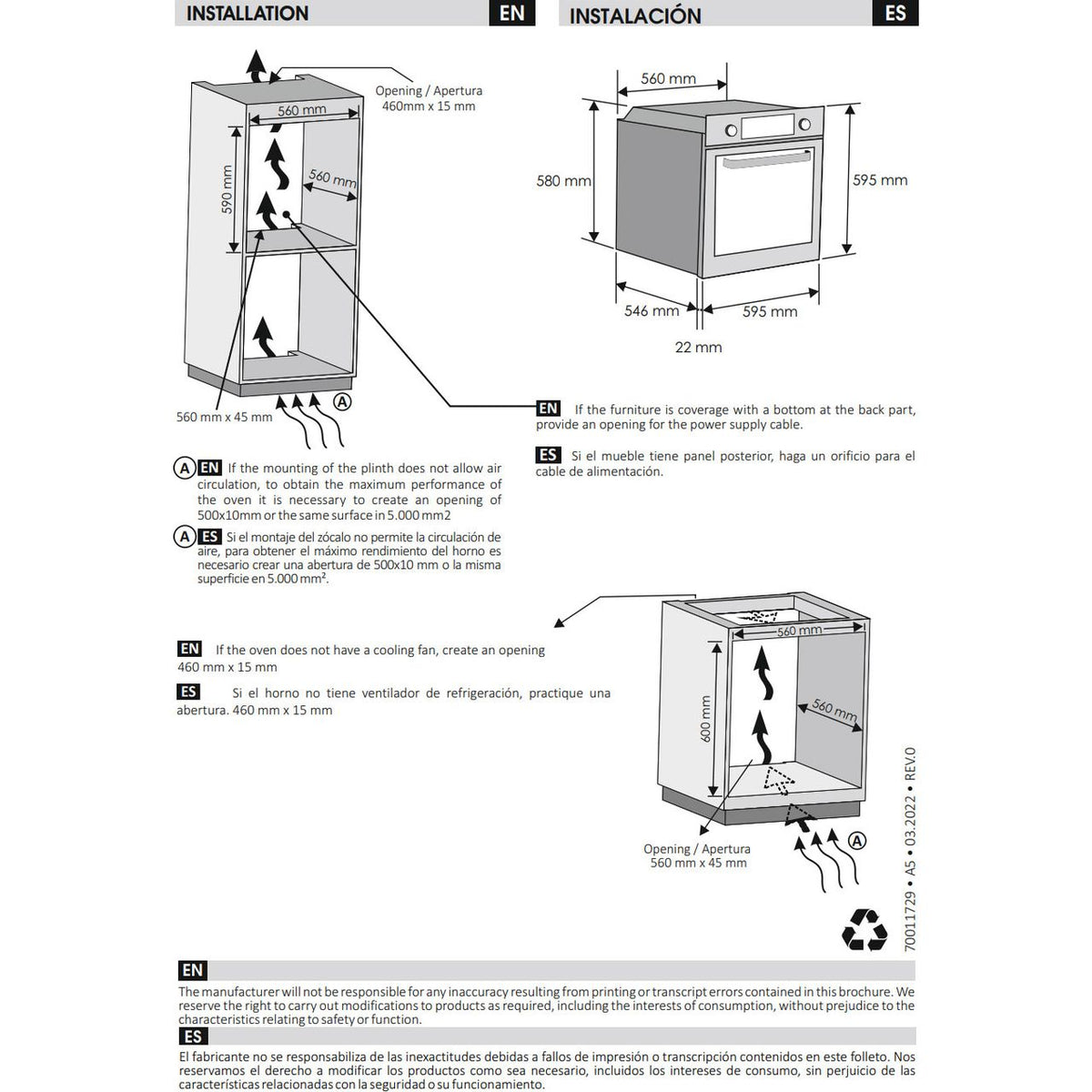 Hoover H-OVEN 300 HOC3158IN Built In Electric Single Oven - Stainless Steel  - Annotation - Dimension shot