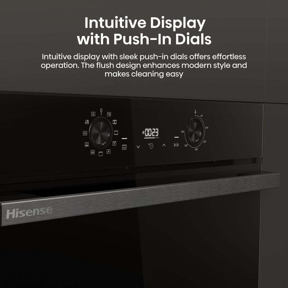 Hisense Hi2 BI622ABPGUK Built In Electric Single Oven - Jet Black - Annotation - Intuitive display push in dials