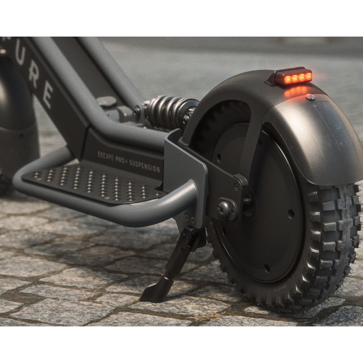 Pure Escape Ultra Max Suspension Electric Scooter - Annotation - Rear wheel closeup